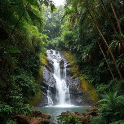 The primary subject of the image is a waterfall, which is surrounded by lush greenery and tropical plants. The waterfall is located in a forest, with a large rock nearby. The setting is a serene and natural environment, with the waterfall being the main focus of the image. The visual style is a photo, capturing the beauty of the waterfall and its surroundings. The colors and mood of the image are vibrant and lively, with the greenery and tropical plants adding a sense of tranquility and natural beauty to the scene.